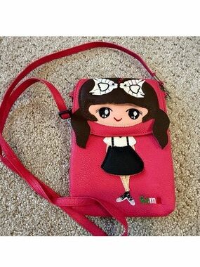 Pink Little Girl Shoulder Bag Small Purse Crossbody Brown Hair Fish Bow Dress